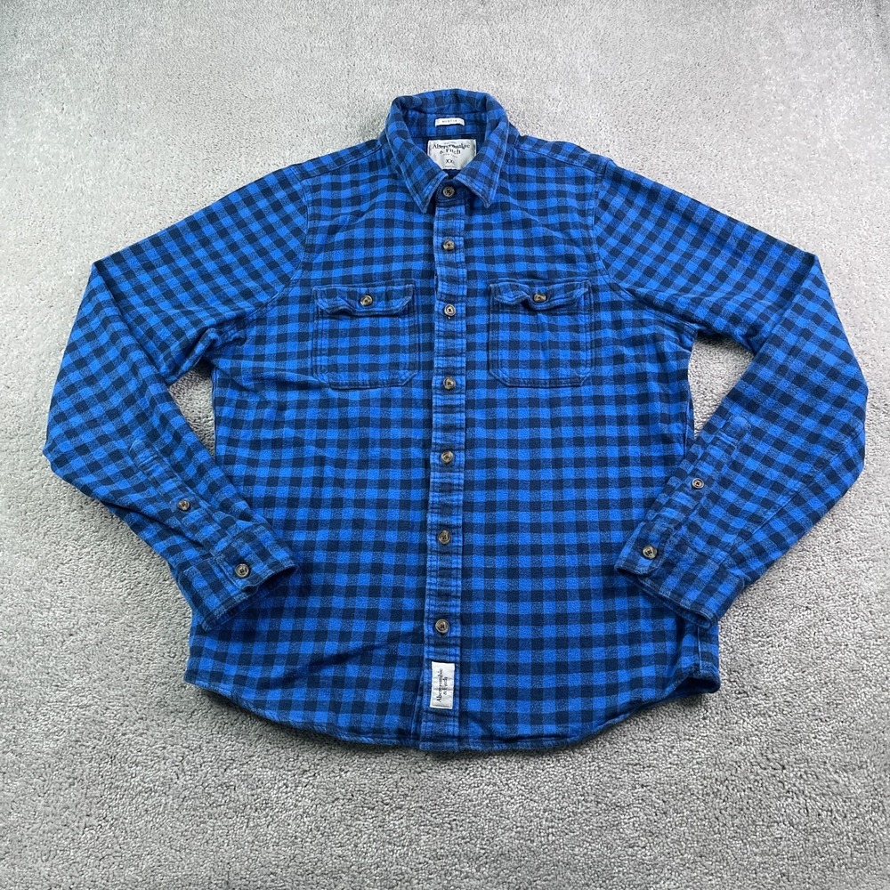 Abercrombie Fitch Shirt Mens 2XL XXL Blue Gingham Heavy Flannel Muscle Fit - Picture 2 of 13
